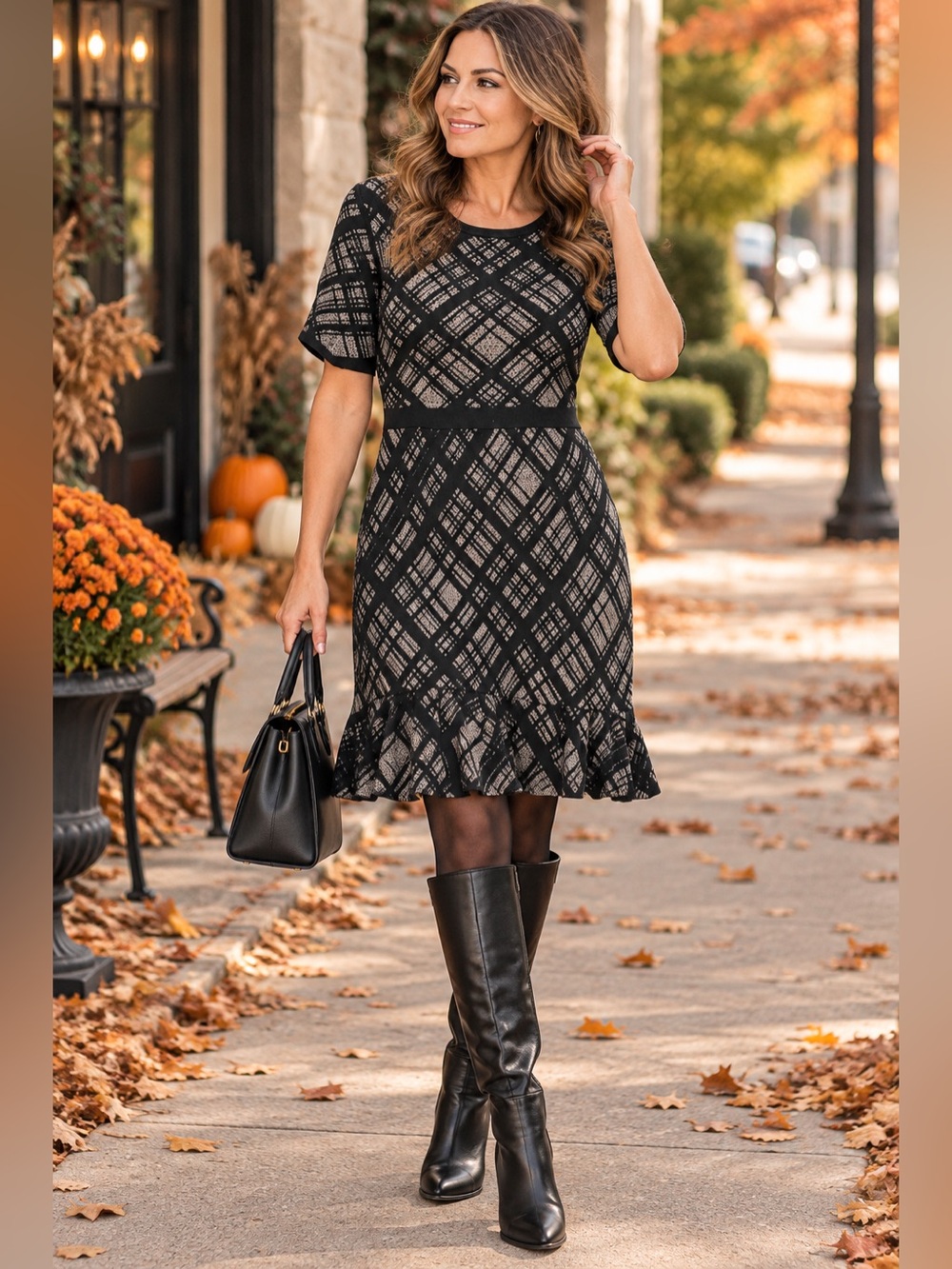 Nina Leonard Sweater Dress L Black Gray Geometric Fit & Flare Ruffle Hem